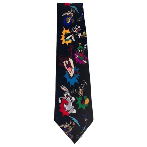 VTG Mens Looney Tunes Silk Tie Black Cartoon Character Bugs Bunny Daffy Duck Taz - Picture 2 of 7